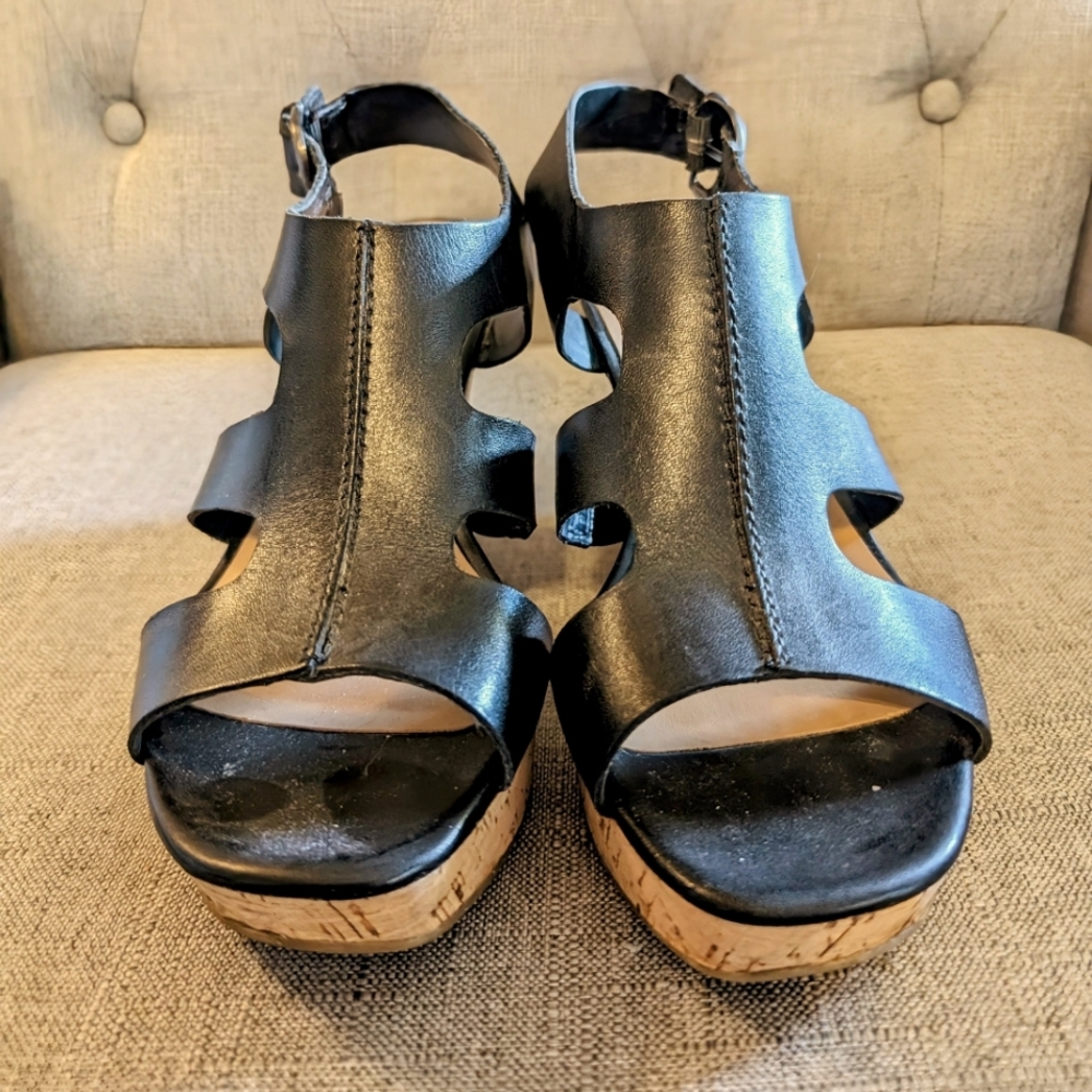 Ladies size 6 and 1/2 Franko Sarto Black Leather Wedge Sandals